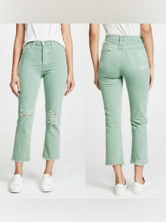 MOTHER Denim - MOTHER Tomcat Distressed Jeans Chew Mint Green Crop High-Rise Distressed Jeans